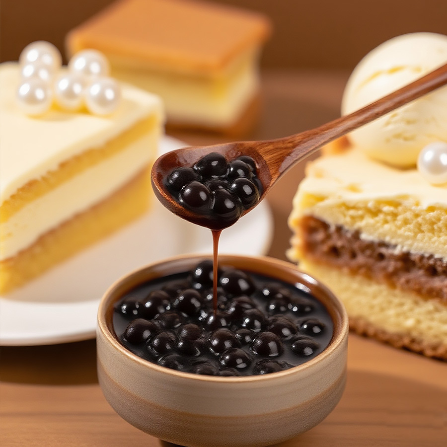 Instant boba pearls served with cake in a bakery setting