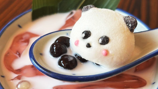 Taro dessert topped with Welong instant boba pearls